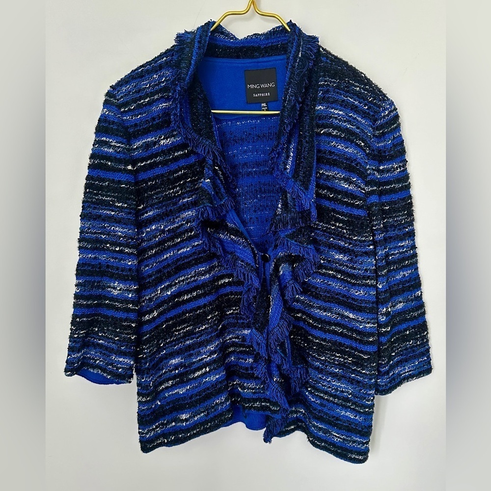 Ming Wang Sapphire Blue Black Metallic Fringe Knit Button Jacket Petite XL